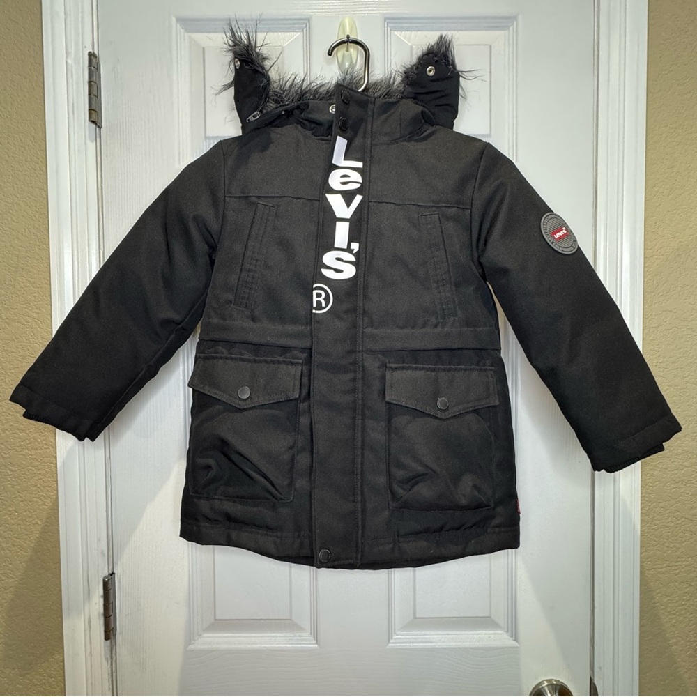 Levi's Kid's XS 4 Black Winter Heavy Parka Down Jacket Coat Plaid Lined